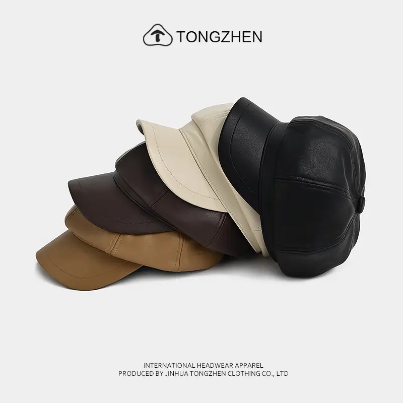 Women's Beige Pu Leather Octagonal Cap British Style - Image 6