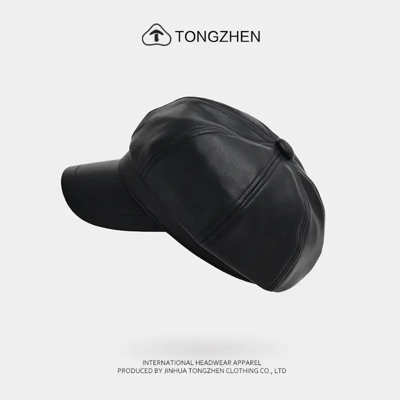 Women's Beige Pu Leather Octagonal Cap British Style - Image 7