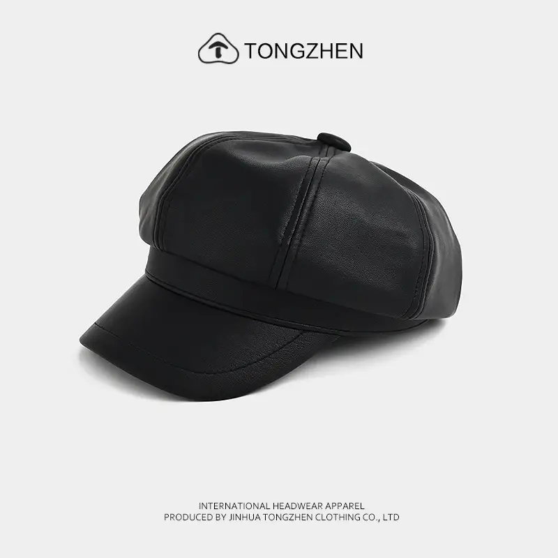 Women's Beige Pu Leather Octagonal Cap British Style - Image 8