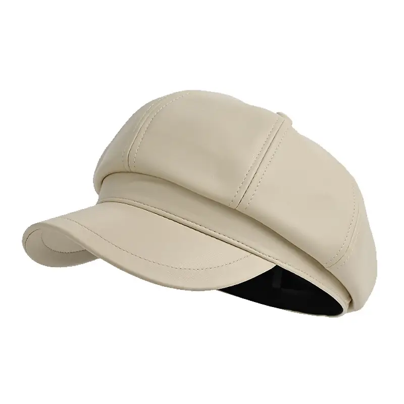 Women's Beige Pu Leather Octagonal Cap British Style - Image 9