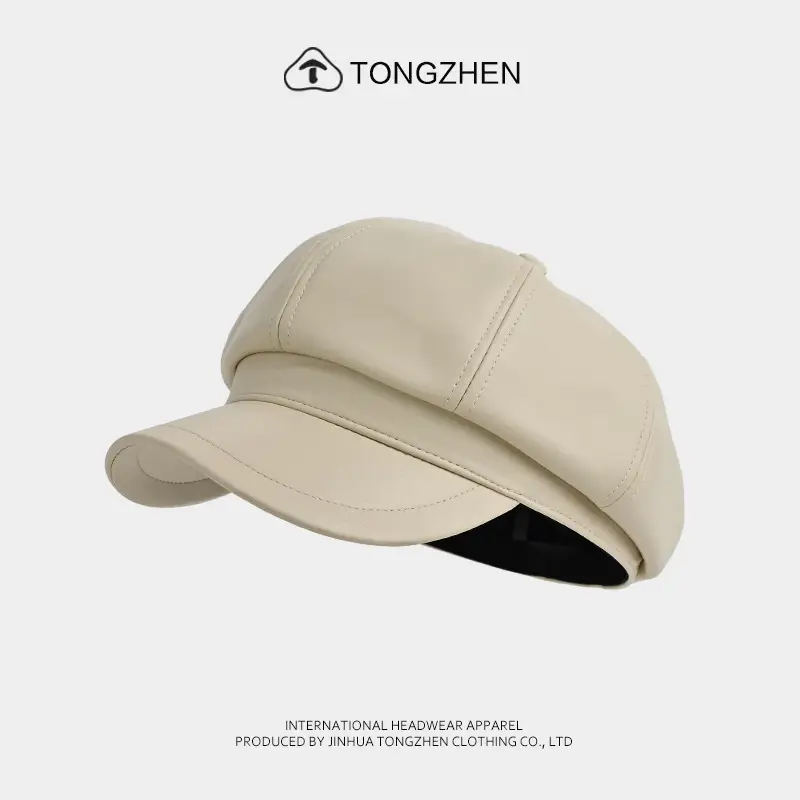 Women's Beige Pu Leather Octagonal Cap British Style - Image 2