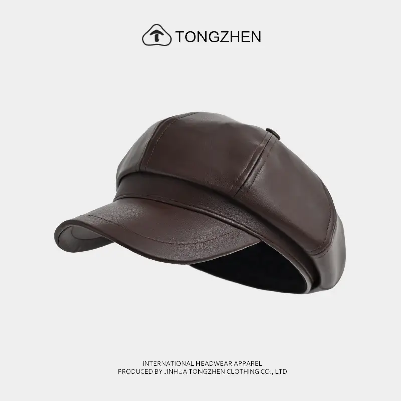 Women's Beige Pu Leather Octagonal Cap British Style - Image 3