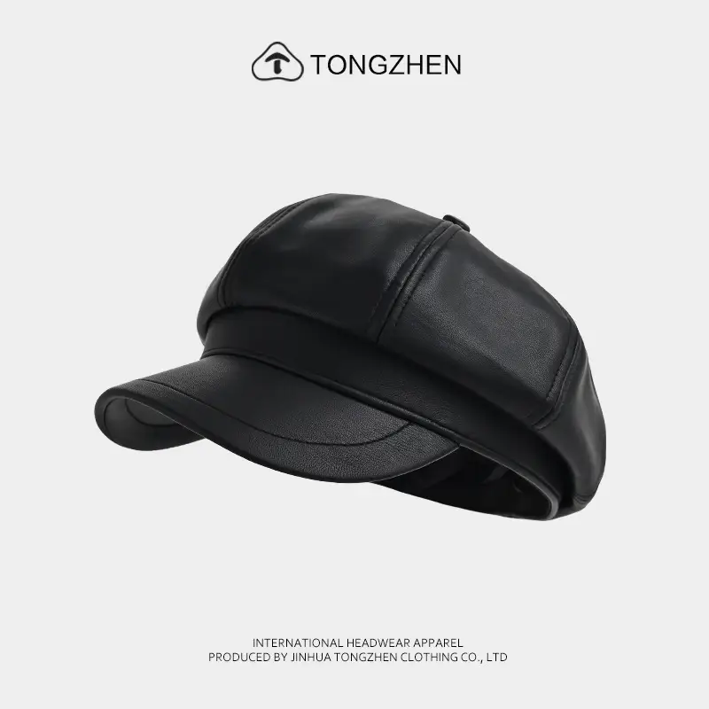 Women's Beige Pu Leather Octagonal Cap British Style - Image 4