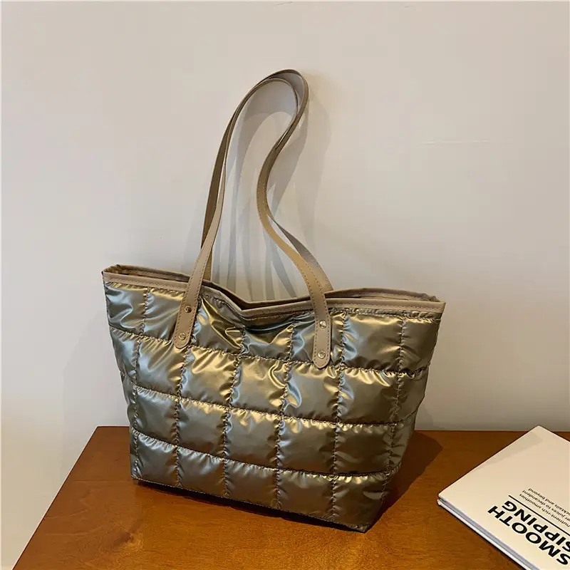 Gold Quilted Women's Shoulder Tote Bag with Double Handles