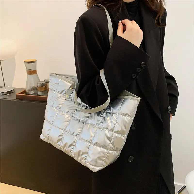 Gold Quilted Women's Shoulder Tote Bag with Double Handles
