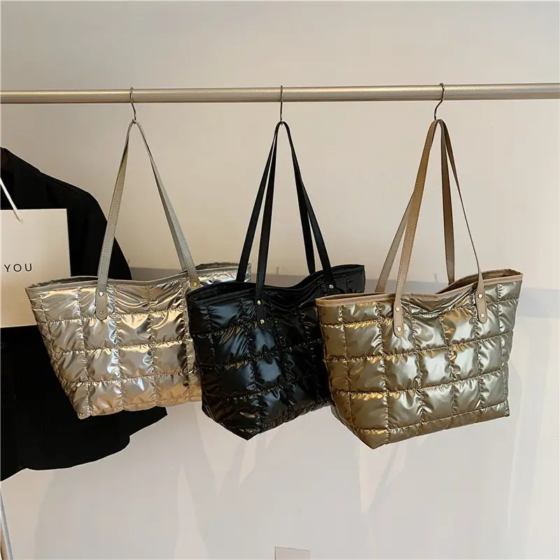Gold Quilted Women's Shoulder Tote Bag with Double Handles