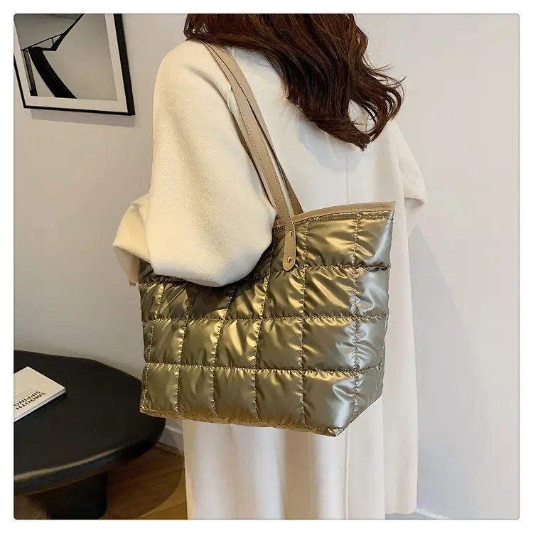 Gold Quilted Women's Shoulder Tote Bag with Double Handles — feature 14