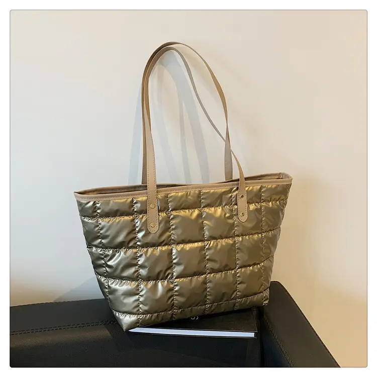 Gold Quilted Women's Shoulder Tote Bag with Double Handles