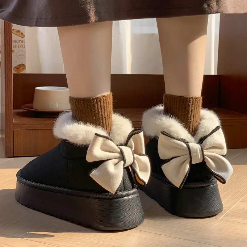 High-Looking Bow-Knot Bag and Cotton Boots for Women at Home in Winter, Fleece-Lined to Heattech and Versatile, Student Outer Cotton Boots