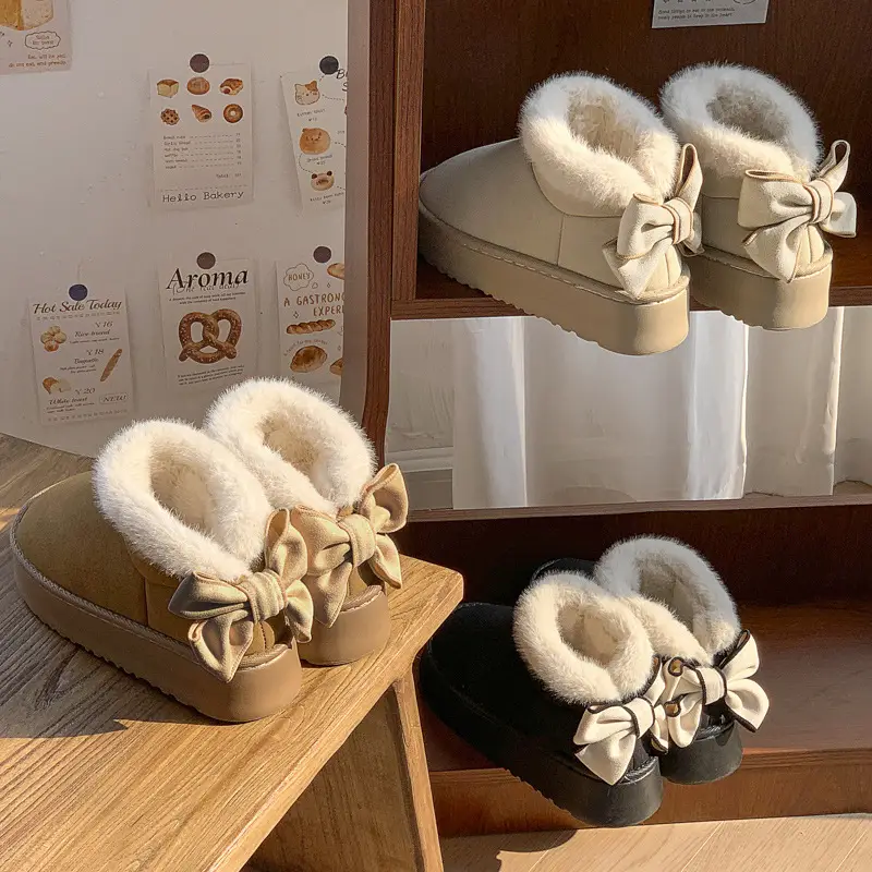 High-Looking Bow-Knot Bag and Cotton Boots for Women at Home in Winter, Fleece-Lined to Heattech and Versatile, Student Outer Cotton Boots