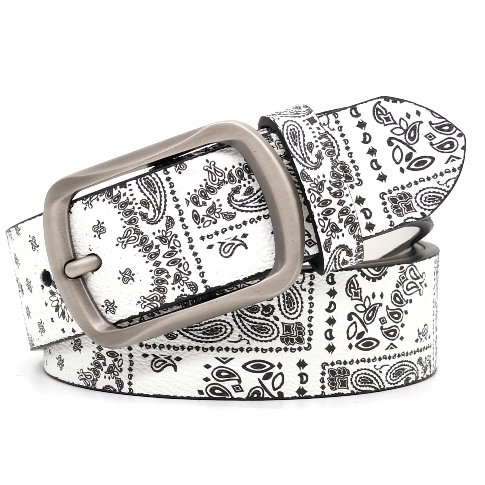 Women's Printed Belt White Black Paisley Belt - Image 2