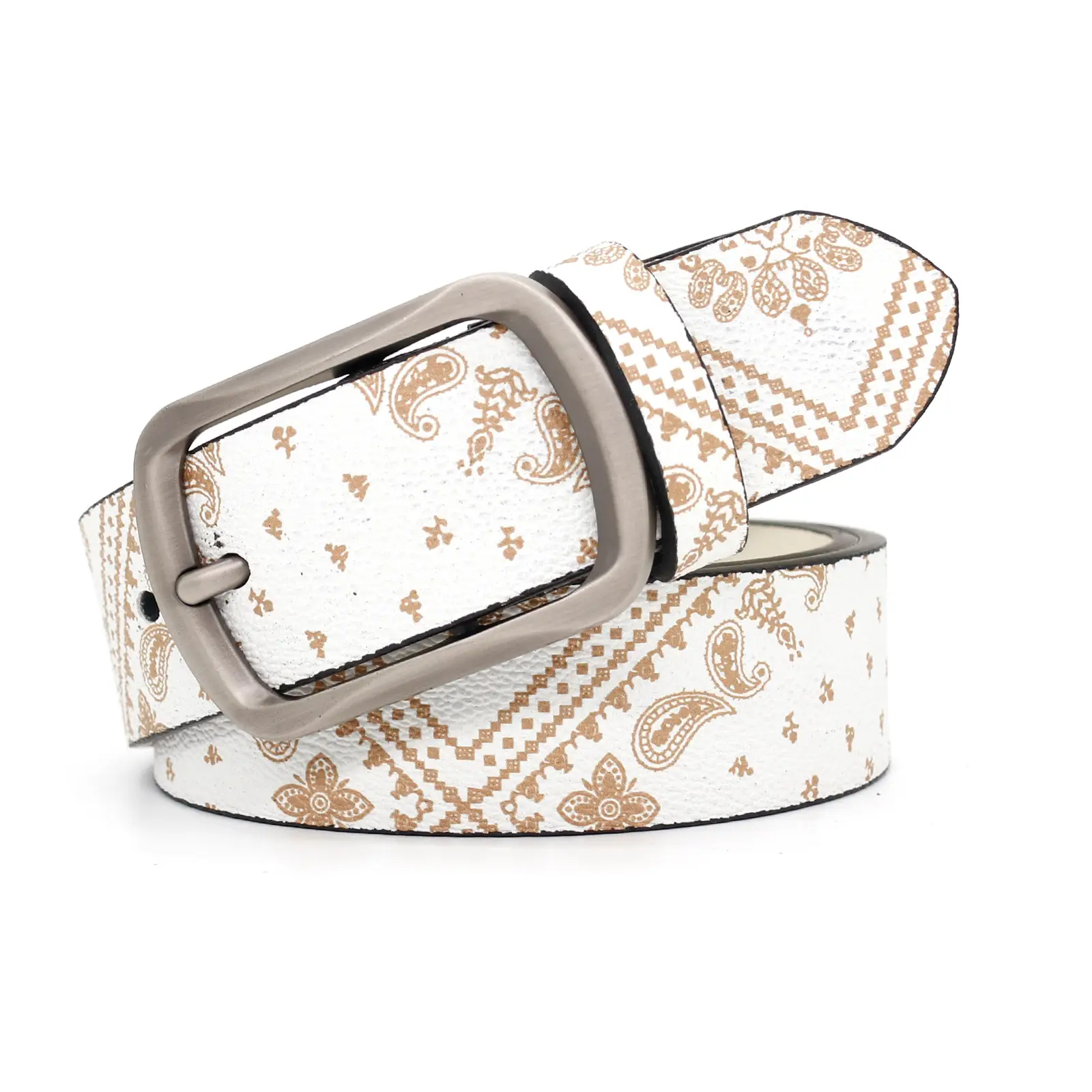 Women's Printed Belt White Black Paisley Belt - Image 3