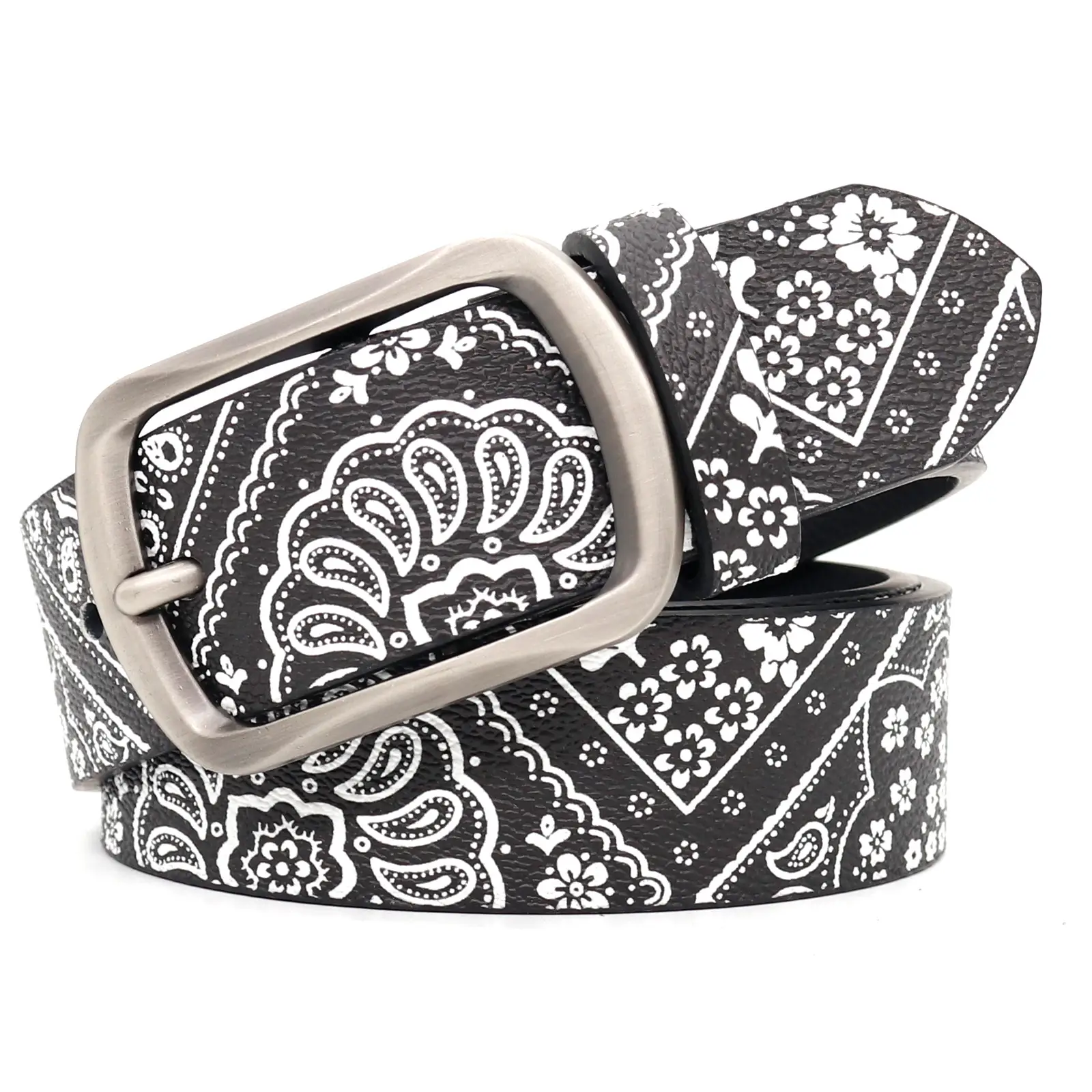 Women's Printed Belt White Black Paisley Belt - Image 4