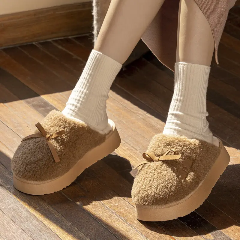 Sweet Bow Cotton Slippers Women's Autumn and Winter Warm Mao Mao Thickened Non-Slip Indoor Cute Soft Bottom Slippers - Image 4