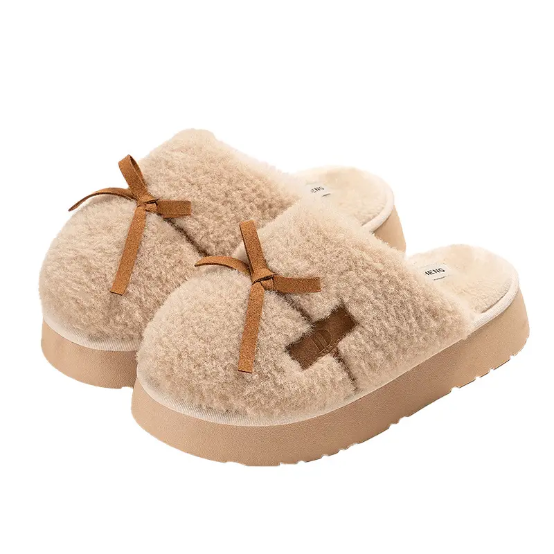Sweet Bow Cotton Slippers Women's Autumn and Winter Warm Mao Mao Thickened Non-Slip Indoor Cute Soft Bottom Slippers - Image 2