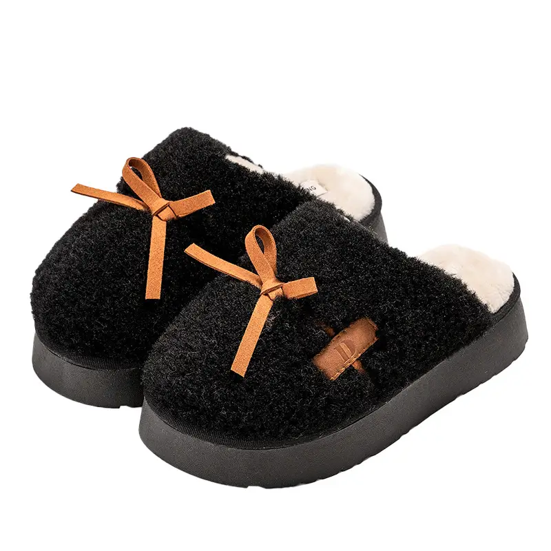 Sweet Bow Cotton Slippers Women's Autumn and Winter Warm Mao Mao Thickened Non-Slip Indoor Cute Soft Bottom Slippers - Image 3