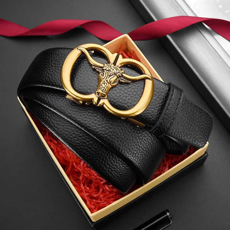 Men's Genuine Leather Belt with Gold Bull Head Buckle - Image 4