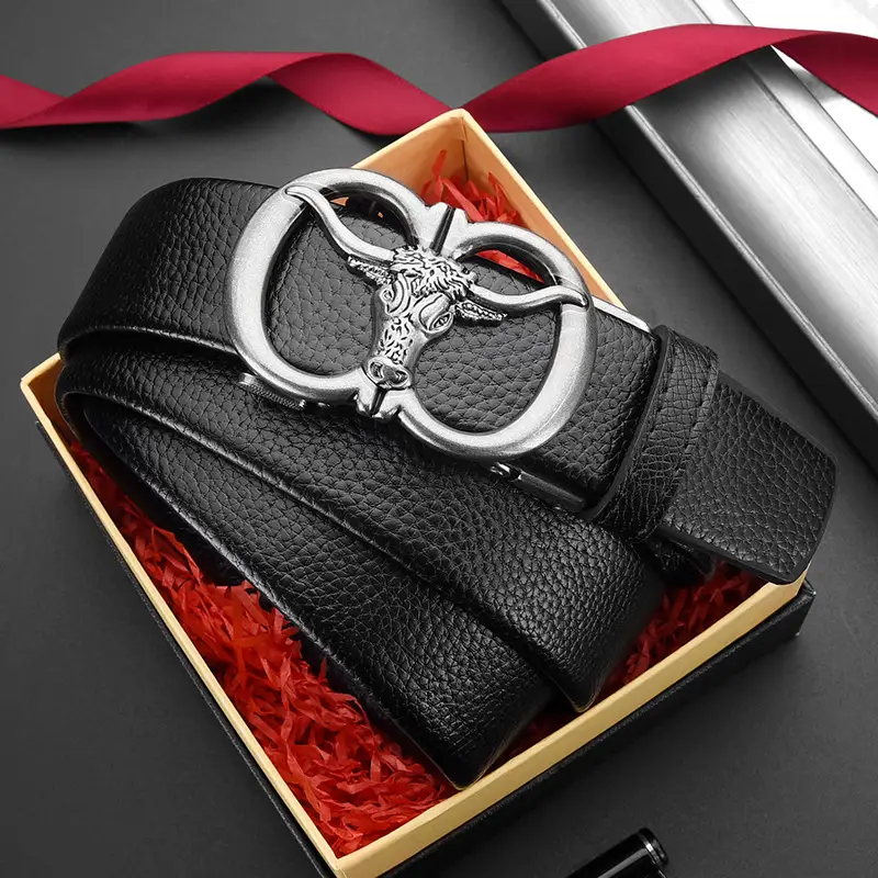 Men's Genuine Leather Belt with Gold Bull Head Buckle - Image 5