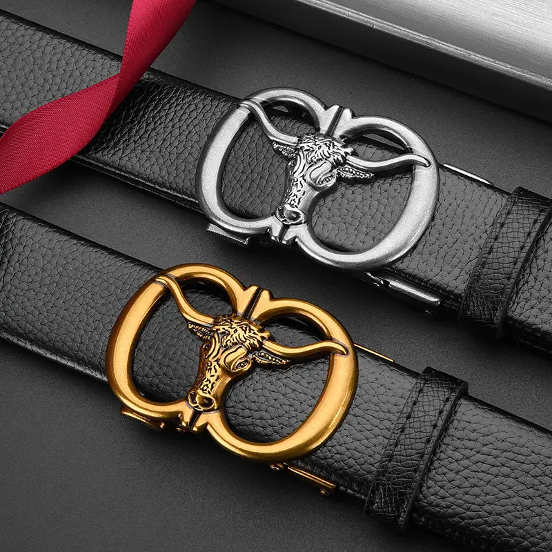 Men's Genuine Leather Belt with Gold Bull Head Buckle - Image 6
