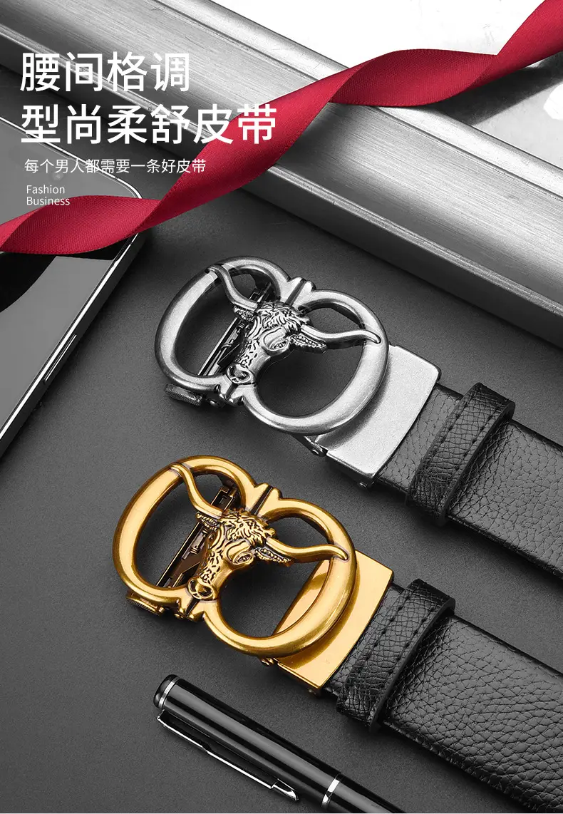 Men's Genuine Leather Belt with Gold Bull Head Buckle — feature 13