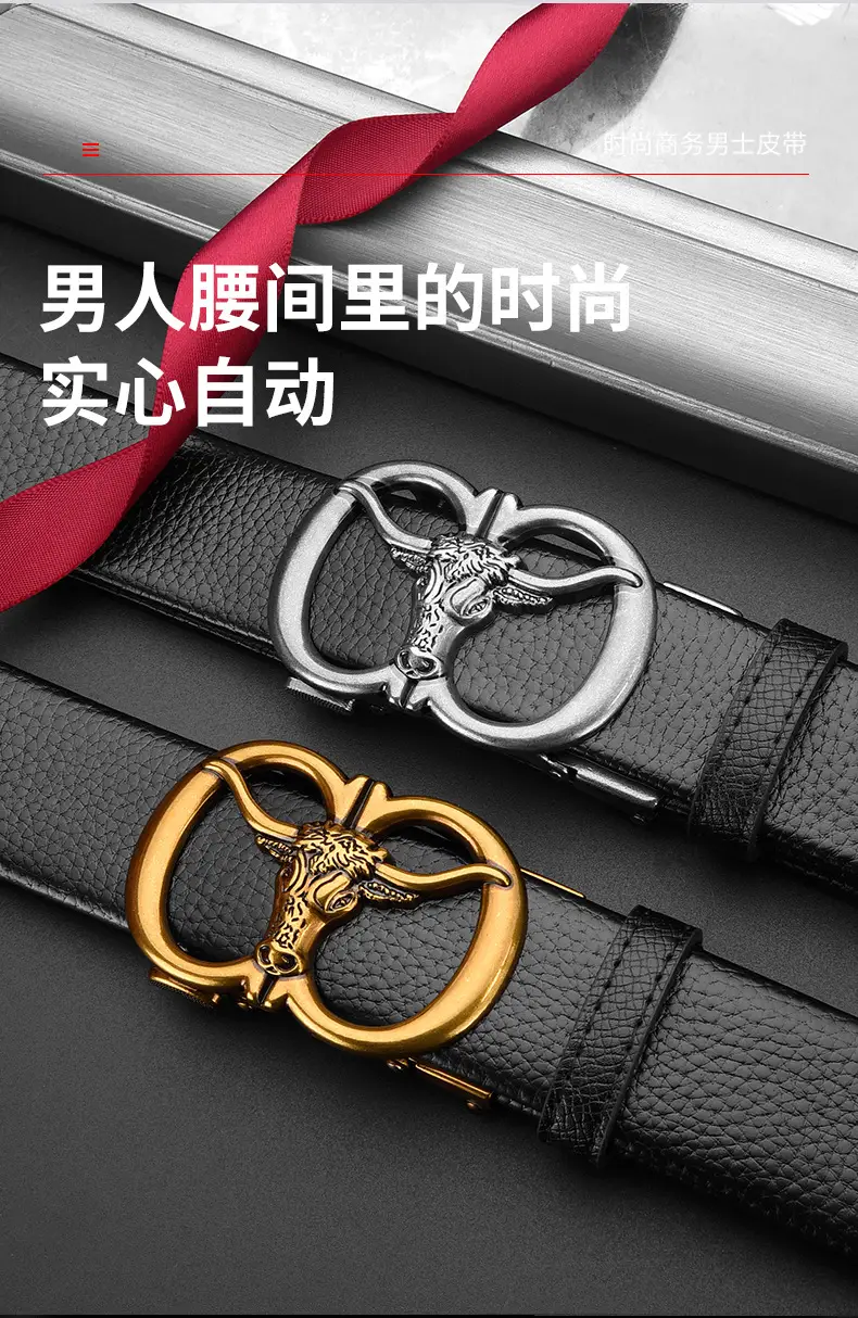 Men's Genuine Leather Belt with Gold Bull Head Buckle — feature 15