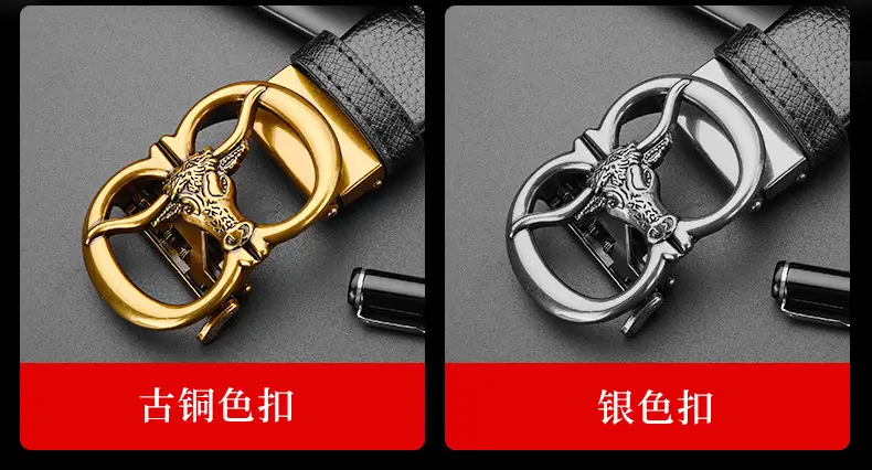 Men's Genuine Leather Belt with Gold Bull Head Buckle — feature 16