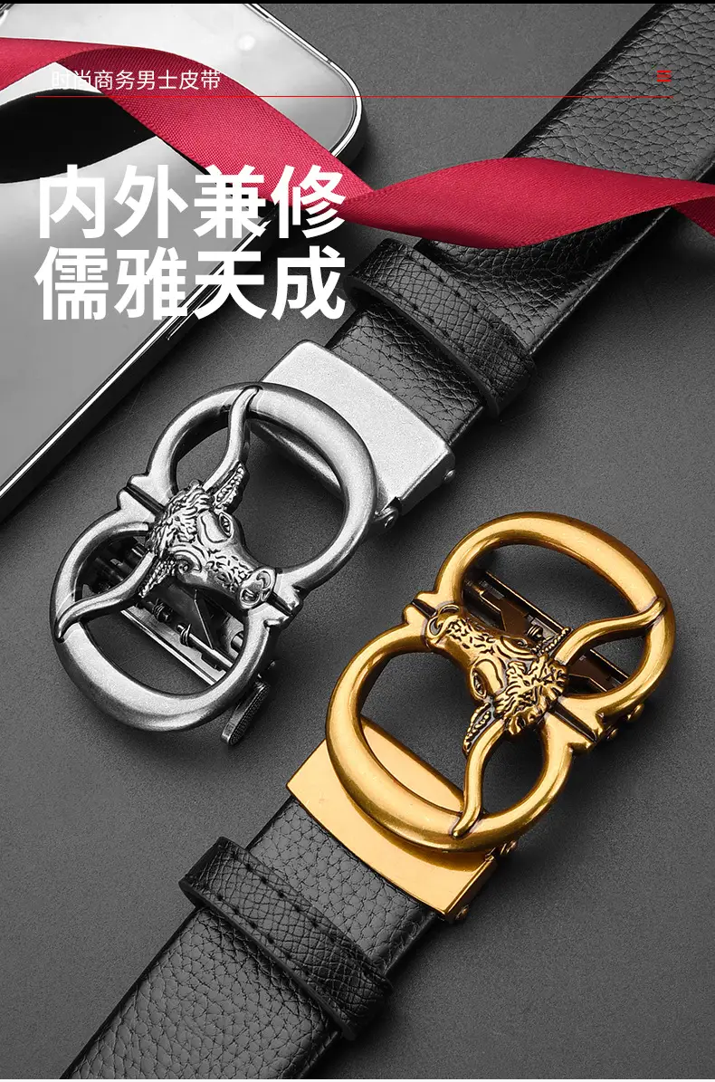 Men's Genuine Leather Belt with Gold Bull Head Buckle — feature 17