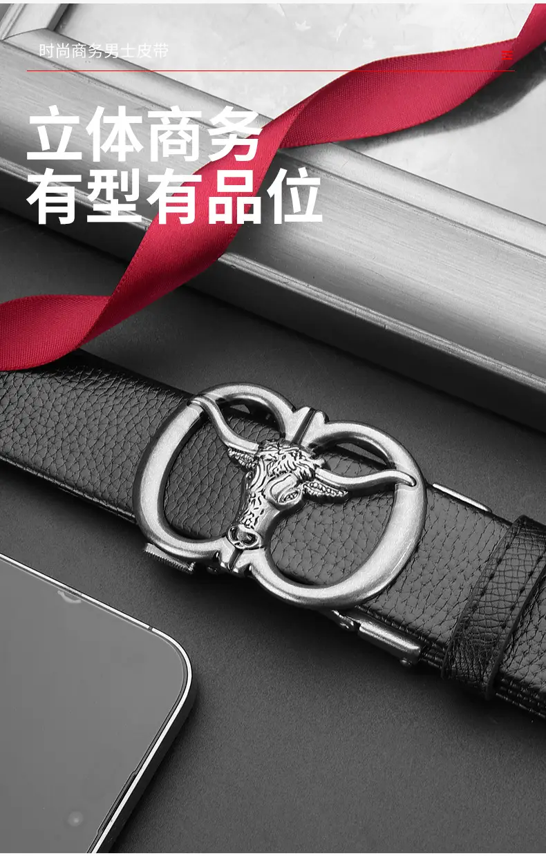 Men's Genuine Leather Belt with Gold Bull Head Buckle — feature 18