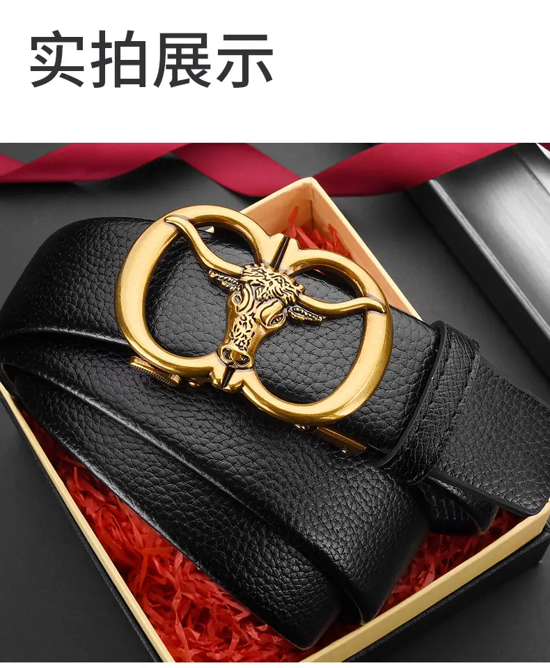 Men's Genuine Leather Belt with Gold Bull Head Buckle — feature 21