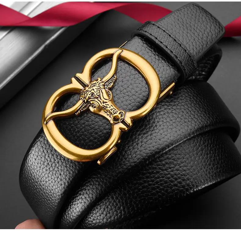 Men's Genuine Leather Belt with Gold Bull Head Buckle — feature 22
