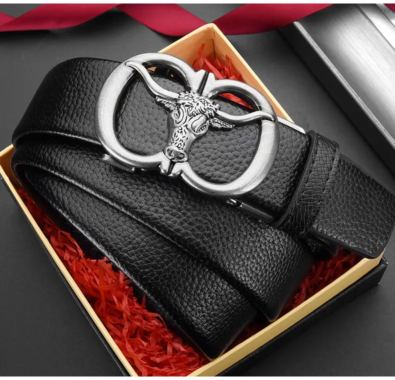 Men's Genuine Leather Belt with Gold Bull Head Buckle — feature 23