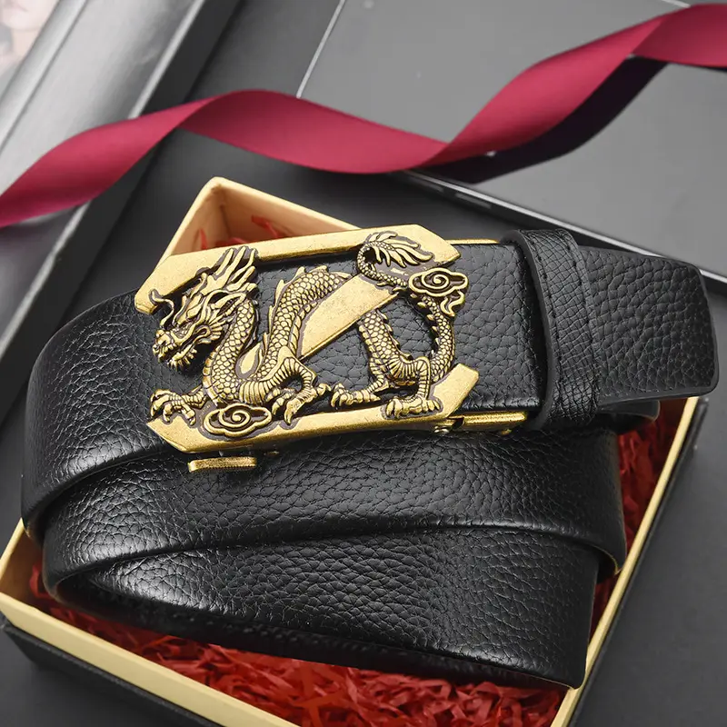 Men's Dragon Buckle Leather Belt Black Gold - Image 4