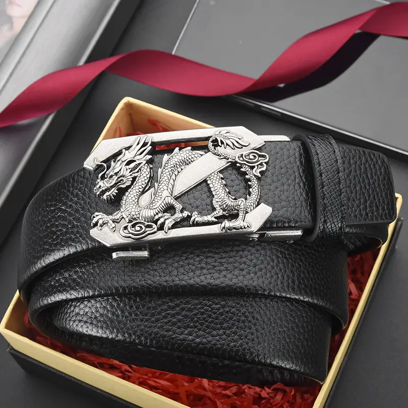 Men's Dragon Buckle Leather Belt Black Gold - Image 5