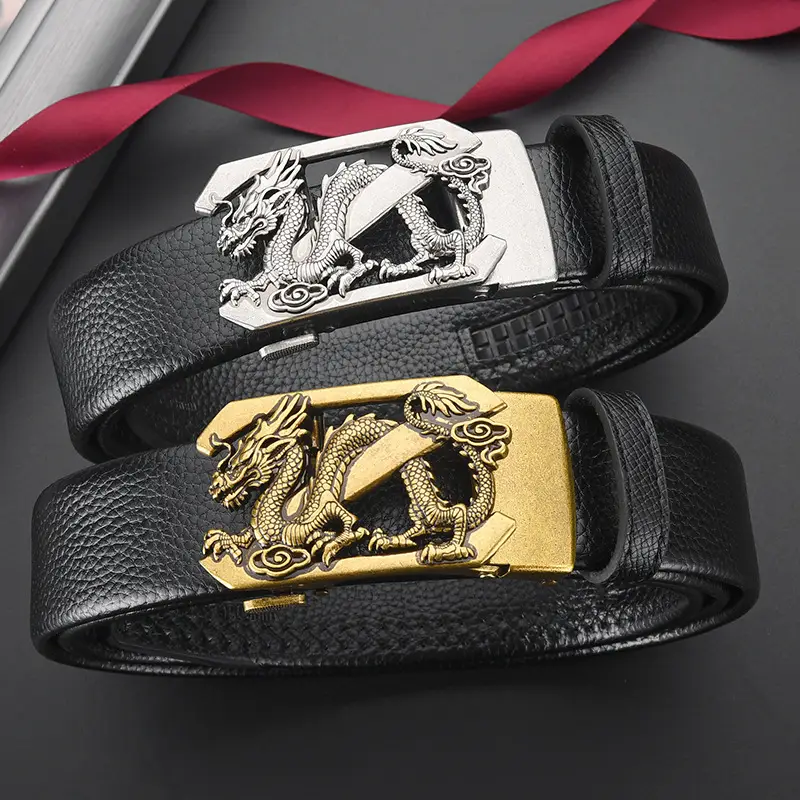 Men's Dragon Buckle Leather Belt Black Gold - Image 6
