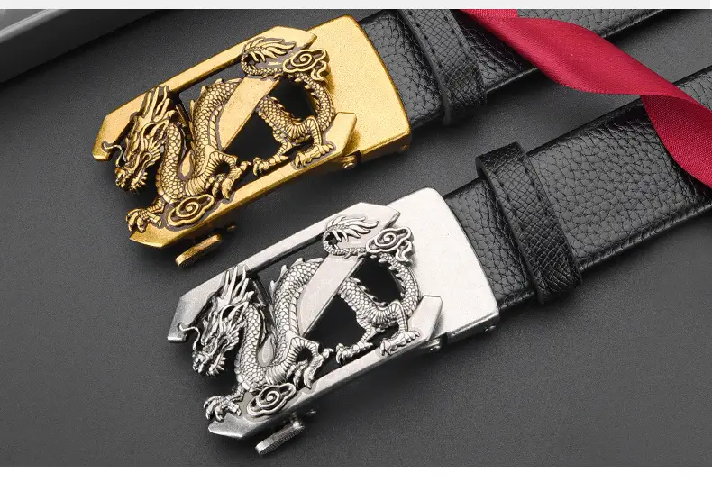 Men's Dragon Buckle Leather Belt Black Gold — feature 15