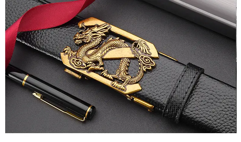 Men's Dragon Buckle Leather Belt Black Gold — feature 17