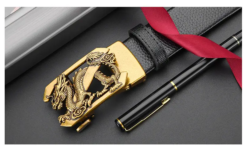 Men's Dragon Buckle Leather Belt Black Gold — feature 18