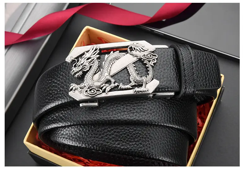 Men's Dragon Buckle Leather Belt Black Gold — feature 26