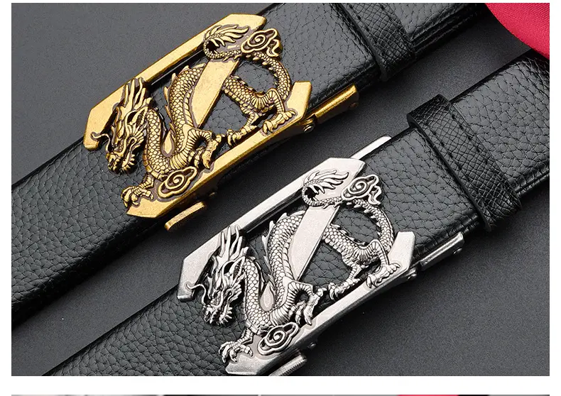 Men's Dragon Buckle Leather Belt Black Gold — feature 27