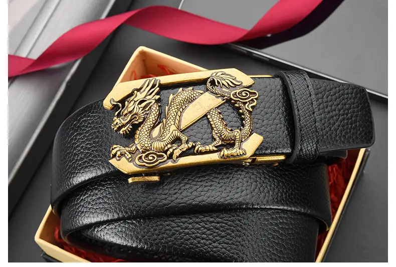 Men's Dragon Buckle Leather Belt Black Gold — feature 28