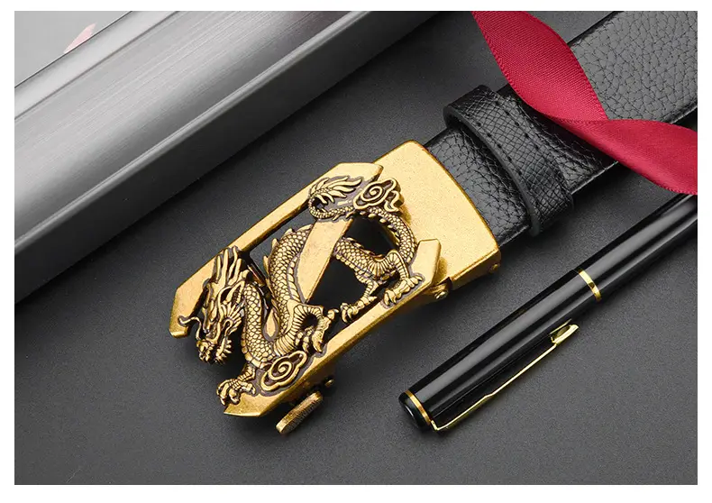 Men's Dragon Buckle Leather Belt Black Gold — feature 29