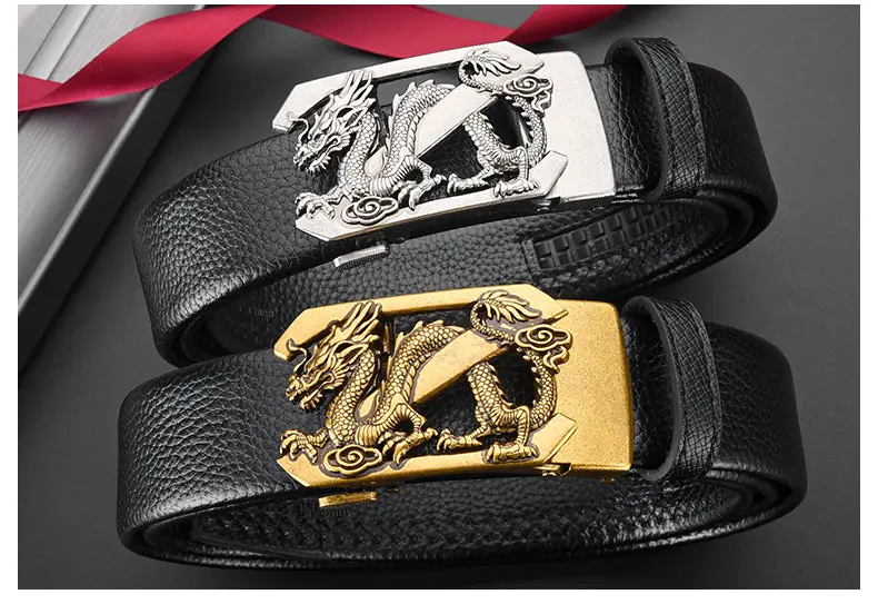Men's Dragon Buckle Leather Belt Black Gold — feature 30