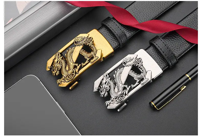 Men's Dragon Buckle Leather Belt Black Gold — feature 31