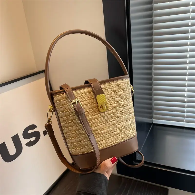 Women Straw Woven Shoulder Bag Brown Leather Strap - Image 4