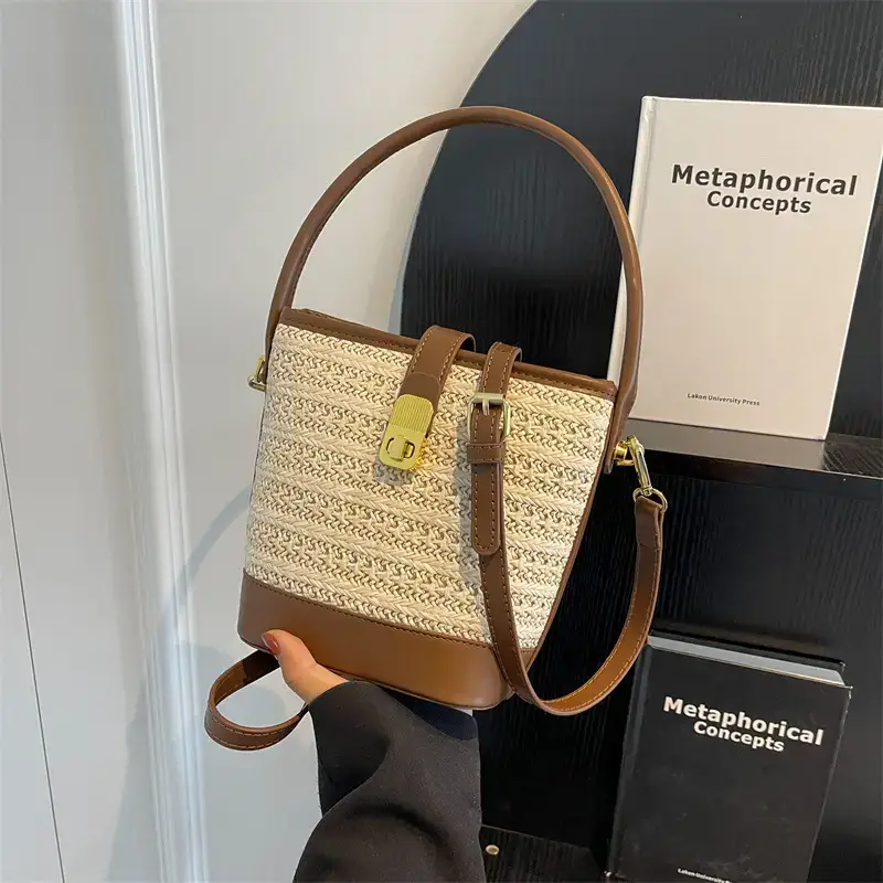 Women Straw Woven Shoulder Bag Brown Leather Strap - Image 5