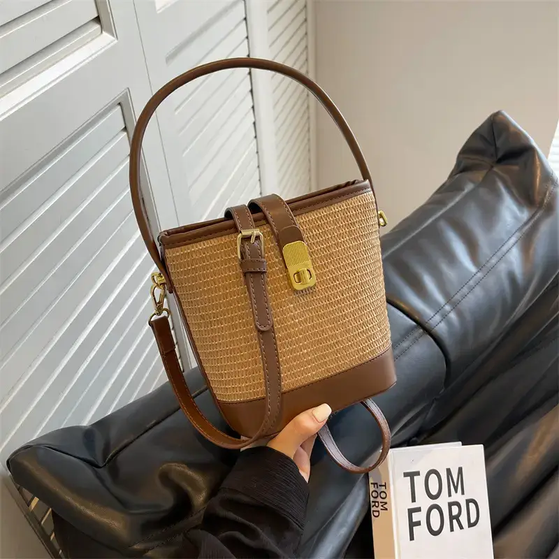 Women Straw Woven Shoulder Bag Brown Leather Strap - Image 6