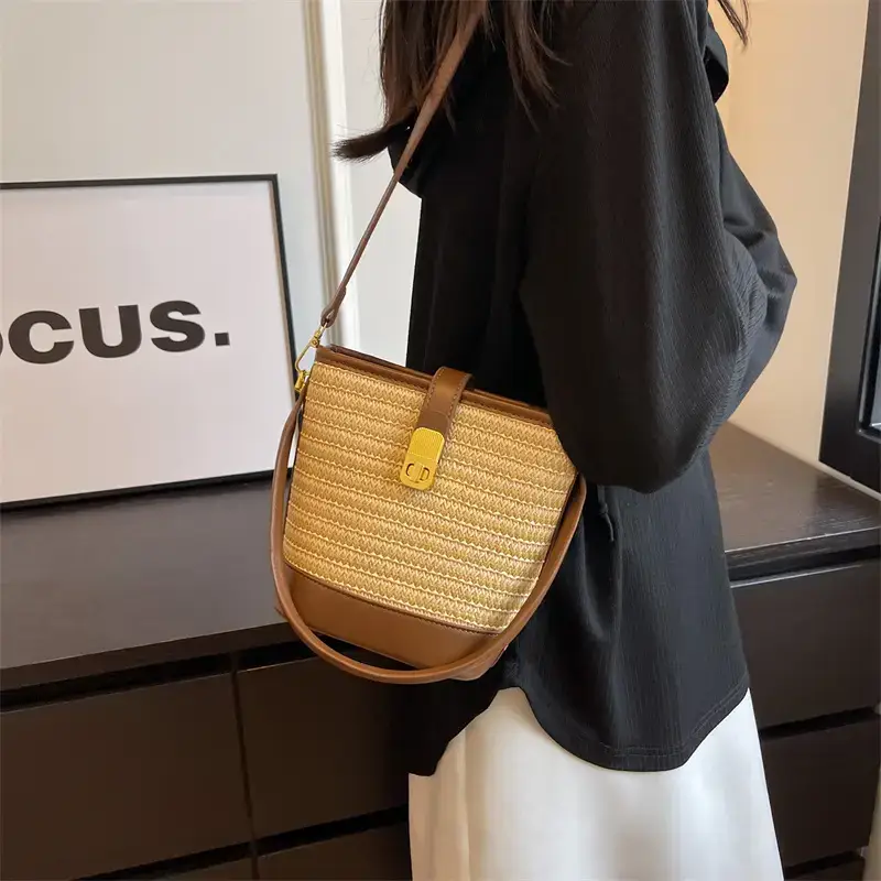 Women Straw Woven Shoulder Bag Brown Leather Strap - Image 7