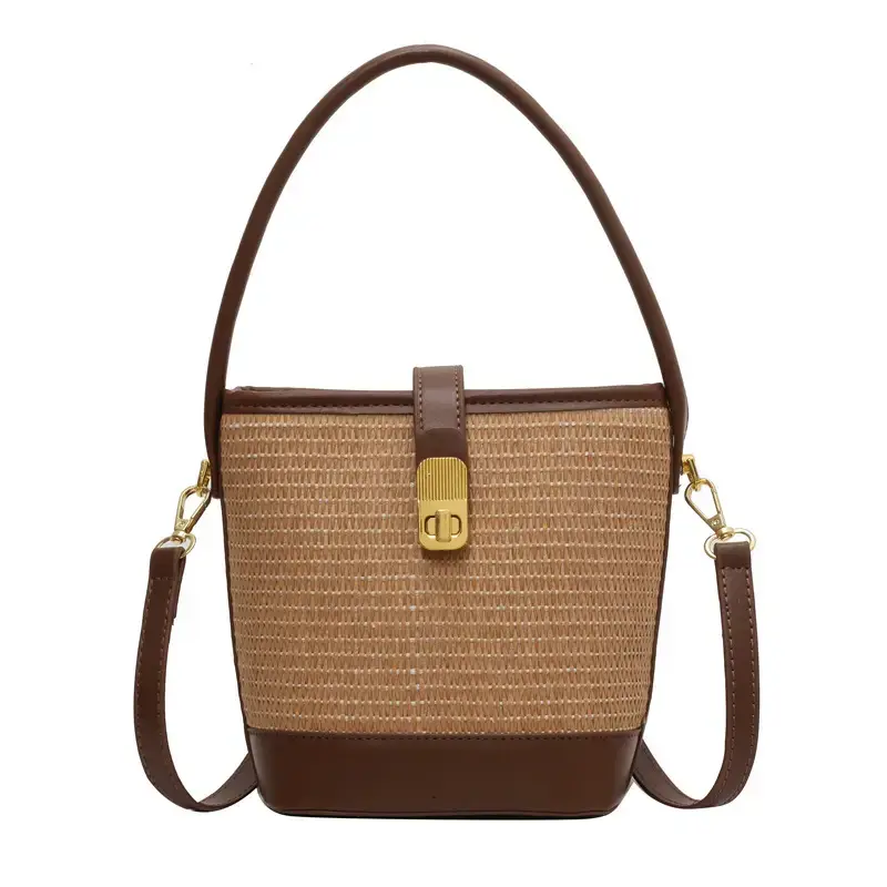Women Straw Woven Shoulder Bag Brown Leather Strap - Image 8