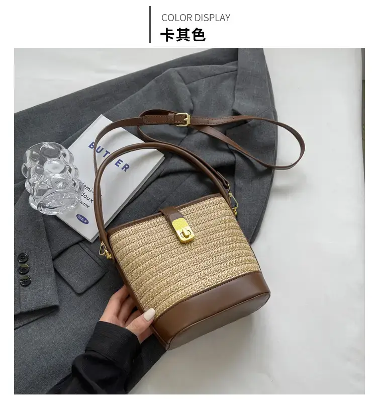 Women Straw Woven Shoulder Bag Brown Leather Strap — feature 18