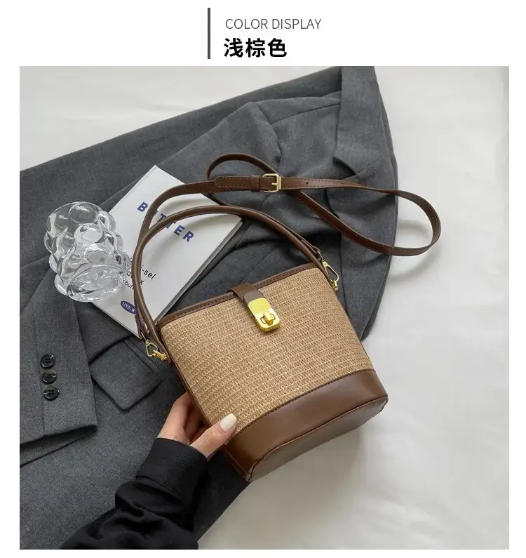 Women Straw Woven Shoulder Bag Brown Leather Strap — feature 19